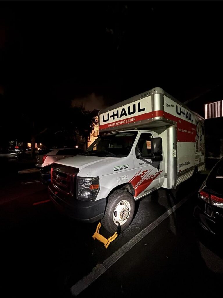 Booted moving truck at night